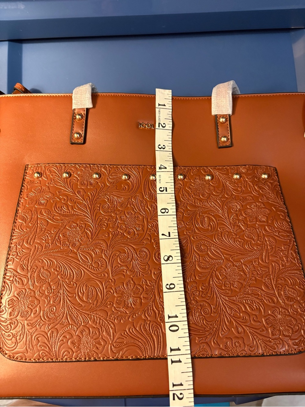NWT ICOLRAE Cognac Brown Embossed Tooled Tote Bag & Wristlet Set Boho - Picture 11 of 13